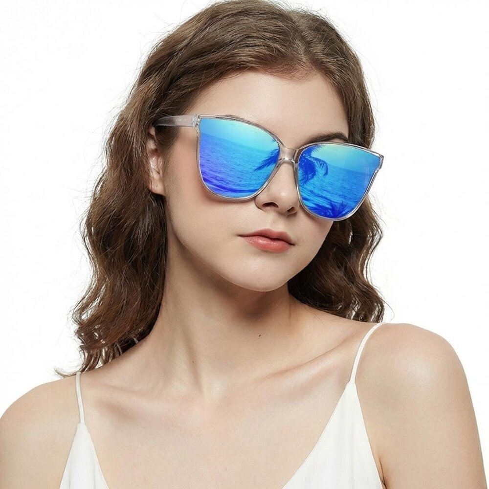 Women's A13 Transparent Blue Mirrored Lens Stylish Cat Eyes Sunglasses